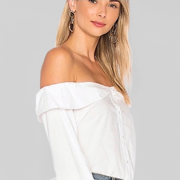 L'Academie X Revolve Off Shoulder Ruffled Button Up Shirt Cutout Tie Back White - Picture 3 of 11